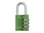 ABUS Combination Padlock Green, Aluminium Body, Width:30mm, Shackle Diameter:5mm, Anodized Coating - Corrosion Resistant, Vertical Clearance:25mm, Locking Type:Number Combination, Resettable 3 DIGIT Code, Depth:15.5mm, Height:65mm, Weight:52gABUS Combinat [ABUS PADLOCK 145/30 GRN]