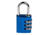 ABUS Combination Padlock Blue, Aluminium Body, Width:30mm , Shackle Diameter:5mm, Anodized Coating - Corrosion Resistant , Vertical Clearance:25mm, Locking Type:Number Combination, Resettable 3 DIGIT Code, Depth:15.5mm, Height:65mm, Weight:52g [ABUS PADLOCK 145/30 BLU]
