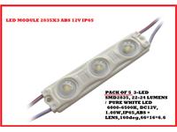 Pack of 5 3-LED SMD2835, 22-24 Lumens / Pure White LED, 6000-6500K, DC12V, 1.08W, IP65, ABS + Lens, 160°, 66x16x6.6mm [LED MODULE 2835X3 ABS 12V IP65]