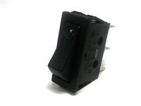 Large LED Rocker Switch • Form : SPST-1-0 • 16A-250 VAC • Solder Tag • 30x11mm • Black with Green LED Curved Actuator • Marking : •(LED) [RH110-CLGBB]
