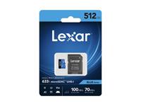 Lexar High Performance Blue Series Micro SD Card 512GB + Adapter Class 10 Up To 100MB/s Read, 70MB/s Write Speed, 4K UHD, microSDXC UHS-I, UHS Speed Class:U3, Speed (X-Rating):633x, Application Performance:A2 [LEXAR LSDMI512BB633A]