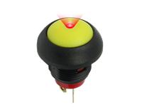 IP67 Illuminated Momentary Push Button Switch • Form : SPST-0-(1M) • 17mm Round Black Bezel • Yellow Button with Red LED • Solder-Lug [PBR171ATLE4L2]