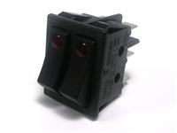 Large LED Dual Rocker Switch • Form : DPST-1-0 • 16A-250 VAC • Solder Tag • 30x22mm • Red Curved Actuator • Marking : None [R2102-CLABB]