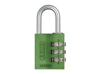 ABUS Combination Padlock Green, Aluminium Body, Width:30mm, Shackle Diameter:5mm, Anodized Coating - Corrosion Resistant, Vertical Clearance:25mm, Locking Type:Number Combination, Resettable 3 DIGIT Code, Depth:15.5mm, Height:65mm, Weight:52gABUS Combinat [ABUS PADLOCK 145/30 GRN]