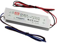 Meanwell AC-DC Single Output LED Driver Constant Voltage (CV); Output 12VDC AT 3A; Cable Output, 35W, Input Voltage: 90 - 264VAC, 47- 63HZ, IP67, No Dimming [LPV-35-12]