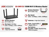 Hikvision Wireless Router 1500Mbps WiFi6, 2.4GHz@300Mbps, 5GHz@1201Mbps, MU-MIMO Supported, 4xHigh Gain Antennas, 1×10/100/1000Mbps, 3×10/100/1000Mbps, WPA2-PSK, WPA/WPA2-PSK, WPA2-PSK/WPA3-SAE Supported, Web, HIK-Connect APP, PSU12V@1A [HKV DS-3WR15X]
