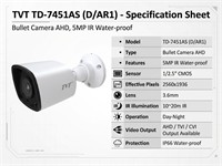 Bullet Camera AHD, 5MP IR Water-proof, 1/2.5”CMOS, 2560x1936, 3.6mm Lens, 10~20m IR, Day-Night, AHD/TVI/CVI Output Available, IP66 [TVT TD-7451AS (D/AR1)]