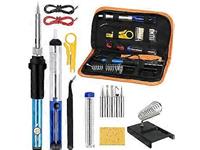 15-IN-1 Soldering Kit: Includes a 220V 60W Soldering Iron, Desoldering Pump, Five Soldering Tips, Solder, Soldering Iron Stand with Cleaning Sponge, Soldering Tweezer, Wire Stripper Cutter, and two Electronic Wires, All neatly organized in a PU Carry Bag. [HKD 60W ADJ SOLDERING KIT-15 PC]