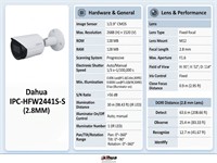 Dahua Wiz Sense 4MP Bullet IP Camera, 2.8mm Lens, Fixed, 30m IR, 1/2.9" CMOS Image Sensor, (2688 × 1528)@25/30fps, Built-in MIC, WDR120dB, 3D NR, IP67, 12VDC, 166×70X70mm, 0.48kg [DHA IPC-HFW2441S-S (2.8MM)]