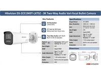 Hikvision 3K Two Way Audio Vari-Focal Turbo HD Bullet Camera 4MP 2.7~13.5mm Motorized, 60m IR, Resolution:2960x1664, Smart IR, DWDR/BLC/HLC/GLOBAL, WDR, 2D DNR, Echo Cancellation, Auto/Color, Built-in Mic, AI Noise Reduction, 12VDC, IP67 [HKV DS-2CE19K0T-LXTSZ]