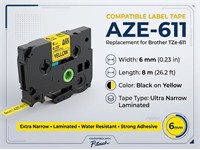 Brother Compatible Label Cartridge, TZE in Black on Yellow Tape 6mm (8metres), AZE-611 = BRH TZE 611 [AZE-611]