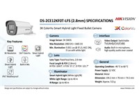 Hikvision 3K ColorVu Smart Hybrid Light Fixed Bullet Camera 2.8mm Lens , 40m IR , PAL/NTSC , ICR/WDR , 2D DNR , Res: 2960×1665 , 24/7 Color Imaging with F1.0 Aperture , Switchable TVI/AHD/CVI/CVBS , Built-in MIC , Metal Case , 12VDC± 25% Max5.2W , IP67 [HKV DS-2CE12KF0T -LFS (2.8MM)]