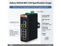 Dahua 10 Port Managed Industrial Gigabit Switch, 8×RJ45 10/100/1000Mbps PoE Ports (V3.0), 2×Gigabit SFP Ports, 802.3af/at/Hi-PoE/bt PoE Standard, Supports VLAN, PSU:53VDC, MAC Table Size:8K, Common Mode:6kV, 125×53.5×175mm, 1.25kg [DHA IS4210-8GT-120]