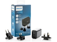 Philips USB Travel Charger 30W, 1xUSB-C (PD) O/P:5V@3A, 9V@2A, 12V@1.5A (Max 18W), USB-A O/P:5V@2.4A (Max 12W), Interchangeable Plugs (EU, UK, US, AU) [DLP2621T/00]