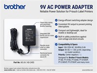 Brother 9 V Adapter for PT80,H105,D200,E100VP,2100VP,2730VP [BRH 9V ADAPTER]