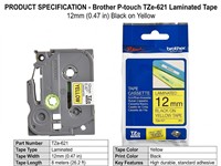 Brother TZE in Black on Yellow tape 9mm (8metres) [BRH TZE 621]