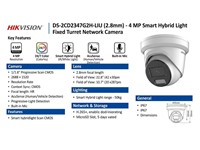 Hikvision ColorVu Turret IP Camera 4MP 2.8mm Lens, Upto 40m IR, 1/1.8" Progressive Scan CMOS, 32 Kbps~8Mbps, CBR,VBR, BLC/HLC/3D DNR, WDR130dB, 1xRJ45 10M/100M Self-Adaptive Ethernet Port, Built-in Microphone, Res:2688×1520, IR, White Light, IP67 [HKV DS-2CD2347G2H-LIU (2.8MM)]