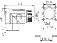 Circular Connector M23 Power Right Angle Housing Male Thread 300°. Rotatable 25mm Square. Flange 4x2,7mm Mounting Holes [7639000000]