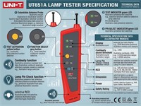 Lamp Tester Test Voltage Around 3000V, Test Frequency : 68kHz~72kHz, Continuity Test : 0~1KΩ, Flashlight, LED Alarm, Buzzer Alarm, Low Batt Indication, Auto PWR OFF [UNI-T UT651A]