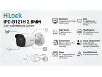 HiLook Bullet Network Camera 2MP 2.8mm Lens, Up to 30m IR, 1/2.7" CMOS, H.265+, 3D DNR, DWDR, 32Kbps~8Mbps, BLC, 1xRJ45 10M/100M, 12VDC 0.4A, Max:5W, PoE:(802.3af, 36V~57 V), 0.2 A~ 0.15A, Max:6.5W, iVMS-4200, Hik-Connect, IP67 [HLK IPC-B121H 2.8MM]