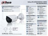 Dahua Bullet IP Camera, 2MP, 2.8mm lens, Fixed, 30 m IR, 2MP, 1/2.7” CMOS image sensor, 2MP (1920 × 1080)@25/30 fps, IP67, 12V DC, 166.2 mm × Φ70 mm, 0.57 kg [DHA IPC-HFW2230SSS2 2.8MM]
