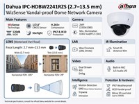 Dahua Dome IP Camera, 2MP, 2.7mm–13.5mm Vari Focal, 40m IR, 1/2.8” CMOS image sensor, Outputs 2MP (1920 ×1080)@25/30 fps, IP67, IK10, 12V DC, 122 mm × 93.4 mm. 0.68 kg [DHA IPC-HDBW2241RZS 2.7-13.5MM]