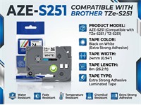 Brother Compatible, TZE, Extra Strong Adhesive Tape Black on White 24mm ( 8 Metres) [AZE-S251]