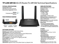 TP-Link 300Mbps Wireless N 4G LTE Router 1 x10/100Mbps LAN Port, 1 x 10/100Mbps LAN/WAN Port, 1 Micro Sim Card Slot, 2.4 GHz, 64/128-bit WEP, WPA/WPA2, WPA-PSK/WPA2-PSK [TP-LINK MR100]
