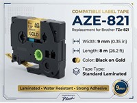 Brother Compatible Label Cartridge, TZE in Black on Gold Tape 9mm (8metres), AZE-821 = BRH TZE 821 [AZE-821]