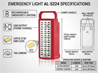Rechargeable Emergency Lantern, with USB Output(Phone Charge), 24PCS 5730 SMD LEDS, 750 Lumens. Handle or Wall Mount, Recharging Time :12 Hours, Dimension: 95mm*85mm*198mm. Up to 40 hours operation in Energy Saving Mode and 24 Hours in Ultra Bright Mode [EMERGENCY LIGHT AL-5224]