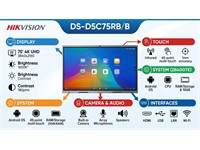 Hikvision 75inch Interactive Touch Screen Flat Panel 4K, Backlight:DLED, Resolution:3840×2160 @60Hz, Brightness:400 cd/m², Android 13.0, HDMI In (HDMI 2.0)x3, VGA Inx1, DP In (DP 1.2)x1, Audio Inx1, USB3.0x3, RS232x1, Built-In Storage:128GB, WIFI [HKV DS-D5C75RB/B]