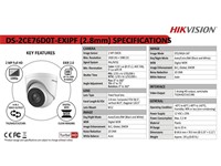 Hikvision Plastic Turret Indoor Camera 2MP 2.8mm Lens, 20m IR, Res:1920×1080, 2D DNR, STD/HIGH-SAT, WDR, (4 signals switchable TVI/AHD/CVI/CVBS), Image Mode: STD/HIGH SAT, 12VDC, Brightness, Sharpness, 3D DNR, Mirror, Smart light, IP67 [HKV DS-2CE76D0T-EXIPF (2,8MM)]