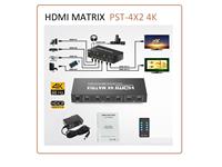 HDMI MATRIX 1,4V , 4X2  WITH AUDIO EXTRACTION ,ANY 4 X HDMI INPUTS TO  ANY 2 HDMI OUTPUTS , 3D ULTRA , 4K RESOLUTION  .WITH EDID ,INCLUDES 5V PSU (2AMP) & IR REMOTE , AUDIO R/ L OUTPUT AND SPDIF OUTPUT [HDMI MATRIX PST-4X2 4K]