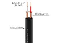 Audio Cable 2 Core Black, Inner Conductor 2x1x0.14 mm², PVC Diameter: 3x6 mm, 26AWG, Copper Strand Per Conductor 18x0.10 mm, Copper Spiral Shielding [CAB1036]