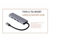 USB TYPE-C Male Plug on Lead to 4 Port USB 3.0 HUB, Also with Micro USB Port . 5 IN 1, High End Finish, Low Profile Aluminium, Slim Design, Size 10,5cm x 3,2cm x 1cm [TYPE-C TO 4PORT USB3.0+MICRO HUB]