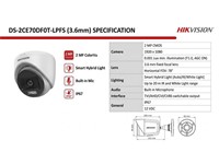 Hikvision Smart Hybrid Light ColorVu Fixed Turret Camera 2MP 3.6mm Lens, 20m IR, PAL/NTSC, Res:1920x1080, 3D DNR, ICR, Lens Mount:M12, STD/HIGH-SAT/HIGHLIGHT, (TVI/AHD/CVI/CVBS), Plastic, Digital WDR, Approx:155g [HKV DS-2CE70DF0T-LPFS (3,6MM)]