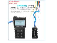 MULTI FUNCTION NETWORK TESTER ,MEASURES CONTINUITY ,LENGTH MEASURE ,POE TEST ,PORT FLASH & CABLE SCAN FUNCTION, ALSO NON CONTACT VOLTAGE DETECTION , AND BUILT IN LED LIGHT .REQUIRES 3 X AAA + 1 X 9V BATTERY , NOT INCLUDED . [NF-8209 POE CABLE LENGTH TESTER]