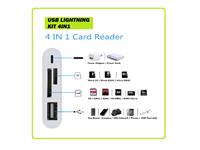 SD CARD READER, DIGITAL CAMERA READER ADAPTER CABLE,  SD TF CARD READER HUB,KIT 4 IN 1 TO USB CAMERA ADAPTER SPLITTER ADAPTER SYNC COMPATIBLE WITH PHONE & PAD, PLUG AND PLAY. TF SUPPORT MAX 64GB [USB LIGHTNING KIT 4IN1]