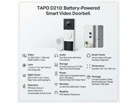 Tp-link Tapo Video Doorbell Camera With Chime 2k 3mp , 850nm IR LED (25ft /7.6m) , 1/3”cmos , Full Colour Night Vision , Ultra Wide 160° Dfov , 3dnr/Wdr , Built-in-mic & Spkr , Micro Sd Card Slot Max:512gb , WiFi 2.4ghz , Built-in Rechargeable Batt , Ip65 [TP-LINK TAPO D210]