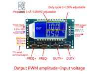 THE PWM SIGNAL GENERATOR WITH SCREEN CAN GENERATE A SQUARE WAVE SIGNAL FOR EXPERIMENTAL DEVELOPMENT THAT INVOLVES PWM DIMMING AND SPEED CONTROLLING. IT CAN BE CONTROLLED VIA THE SERIAL PROTOCOL TTL (TXD & RXD PINS). VOLT: 3.3 - 30 VDC. FREQ: 1HZ – 150 KHZ [BDD PWM SIGNAL GEN+DISP 0-150KHZ]