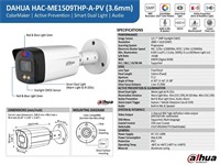 Dahua HDCVI TIOC Bullet Camera 5MP 3.6mm Fixed Lens , 1/2.7" CMOS , Full Colour , Active Deterrence , 40m IR , DWDR , Supports:CVI/TVI/AHD/CVBS , IP67 [DHA HAC-ME1509THP-A-PV 3.6MM]