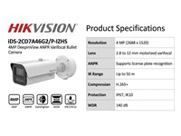 Hikvision Deepin View ANPR Bullet Camera 4MP Varifocal Lens 2.8-12mm, 60M IR, License Plate Recognition, 1/1.8" Progressive Scan CMOS, Max Res:2688×1520, 150dB WDR, IR Wavelength:850nm, Built-in memory Card Slot Upto 1TB, 1xRJ45 10/100/1000M, IP67 [HKV IDS-2CD7A46G2/P-IZHS2.8-12MM]