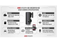 Hikvision DashCam H2.65 , G-sensor , Supports TF card storage (Max.128GB) , Communication:Built-in Wi-Fi Module , Supports Built-in MIC & Speaker , 20MHZ , Res:1080P@30fps , FOV:122° (D), 102° (H) , 5VDC@1.5A , Mini USB , Freq:2412-2472MHZ , Lens:5G+P [HKV AE-DC2018-K2]