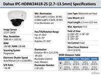 Dahua Wizsense Dome IP Camera 4MP, 2.7mm-13.5mm Vari Focal Lens, 40m IR , 1/2.9" CMOS, DORI, WDR120DB, iOS; Android, RJ45 (10/100 Base-T), Motorized Vari-Focal, Smart H.265+, Built-in MIC, 12VDC/PoE (802.3af), CBR/VBR, SMD Plus, IP67 [DHA IPC-HDBW2441R-ZS 2.7-13.5MM]