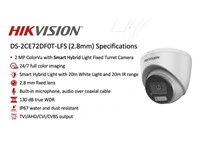 Hikvision ColorVu Fixed Turret Camera 2MP 2.8mm Lens, 40m IR, Smart Hybrid Light, 24/7 Color Imaging with F1.0 Aperture, 3D DNR, Switchable TVI/AHD/CVI/CVBS, STD/HIGH-Sat/Highlight, Digital WDR, PAL/NTSC , Built-in-Mic, PSU:12VDC Max:4.2W, IP67 [HKV DS-2CE72DF0T-LFS (2.8MM)]