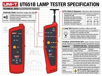 Lamp Tester Test Voltage Around 3000V, Test Frequency : 68kHz~72kHz, Continuity Test : 0~1KΩ, Extended Antenna, Flashlight, LED Alarm, Buzzer Alarm, Low Batt Indication, Auto PWR OFF [UNI-T UT651B]