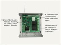 8 Channel Stand Alone Wireless Receiver for Xwave/OPTEX Wireless Detectors, with 8 Zone Outputs to Connect to any Alarm Panel Zone Inputs, Includes Outputs for Supervision Tamper & Detector Low Battery [IDS 860-07-589]