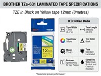 Brother TZE in Black on Yellow tape 12mm (8metres) [BRH TZE 631]