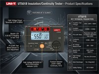 Insulation Resistance Tester, Test Voltages 250V/500V/1000V, 30~600VAC, INSU RES:0MΩ~5GΩ, DAR, PI, Auto Range, Low Batt Indication, LCD Backlight, Overload Indication, Alarm Indication, Buzzer, Auto Discharge, High Vltge Indication, Display Count 2000 [UNI-T UT501B]