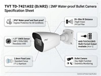 Bullet Camera AHD, 2MP IR Water-proof, 1.27”CMOS, 1920x1080, 2.8mm Lens, 20~30m IR, Day-Night, AHD/TVI/CVI/CBVS Output Available, IP67 [TVT TD-7421AS2 (D/AR2)]